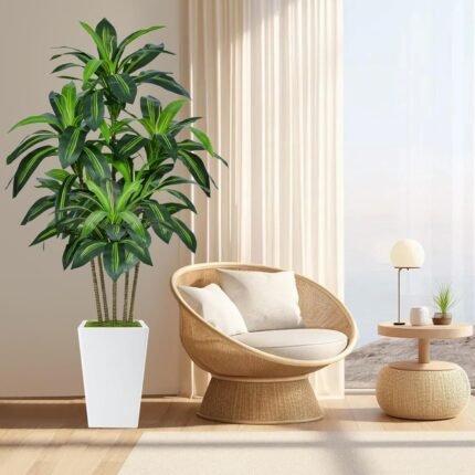 6FT Artificial Dracaena Tree, Fake Tree Indoor with White Tall Planter