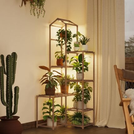 Bamworld Tall Corner Plant Stands with Grow Lights Indoor Outdoor Plant Shelves